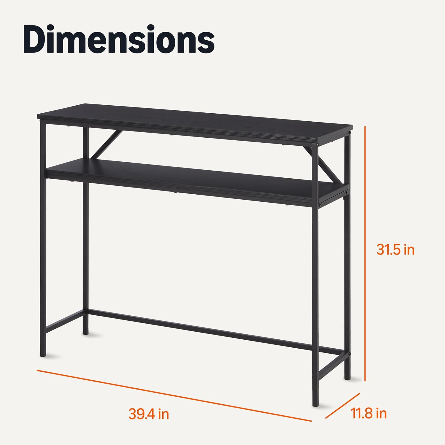 Amazon Basics Rectangular Console Table with Storage Shelf, Steel Frame, 11.8" D x 39.4" W x 31.5" H(in), Black