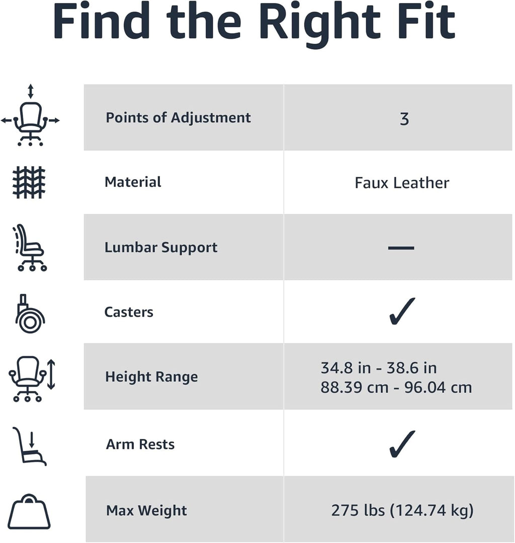 Amazon Basics Office Computer Task Desk Chair with Padded Armrests, Mid-Back, Adjustable, 360 Swivel, Rolling, 275 Pound Capacity, 24.2"D x 24"W x 34.8"H, Black Faux Leather
