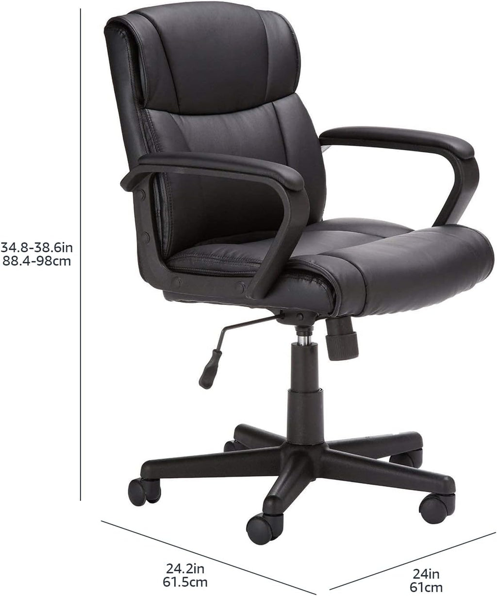 Amazon Basics Office Computer Task Desk Chair with Padded Armrests, Mid-Back, Adjustable, 360 Swivel, Rolling, 275 Pound Capacity, 24.2"D x 24"W x 34.8"H, Black Faux Leather