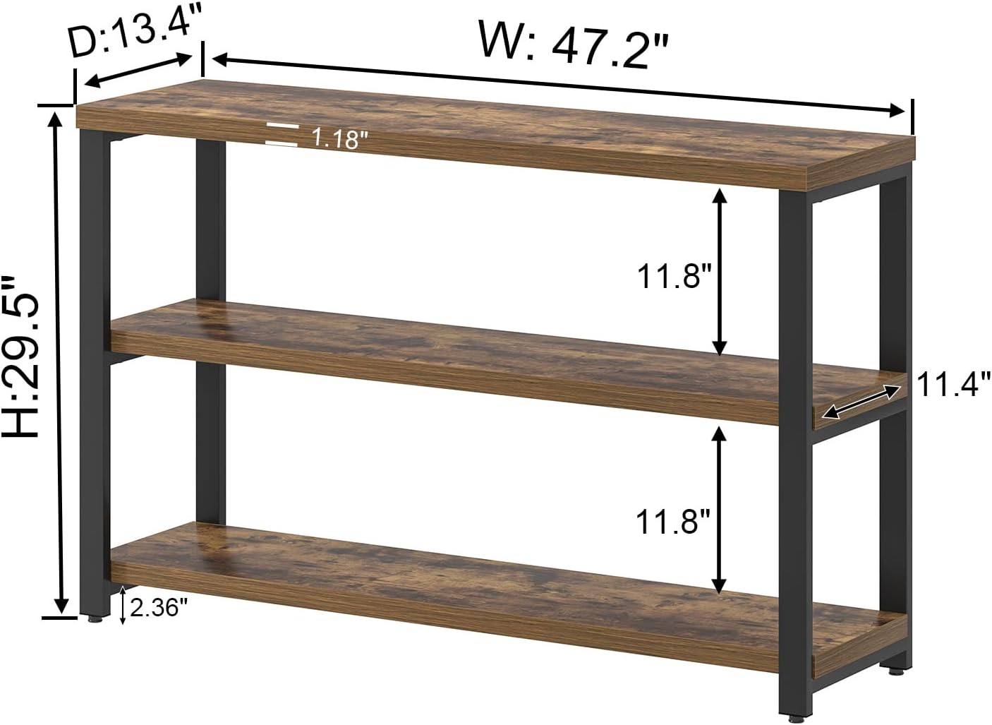 EXCEFUR Industrial Sofa Console Table, Entryway Table with 3 Tier Wood Storage Shelves, Foyer Table for Living Room Hallway Behind Couch, Rustic Brown