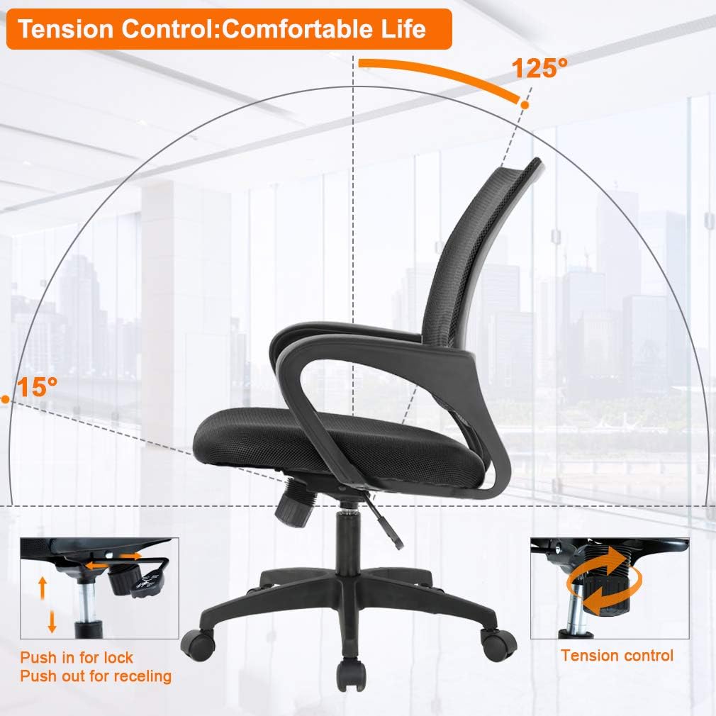 BestOffice | Ergonomic Office Chair | Mid-Back Swivel Desk Chair | Breathable Backrest & Lumbar Support | Adjustable Height | Sponge Seat | Rolling Wheels | Black | for Adults & Women