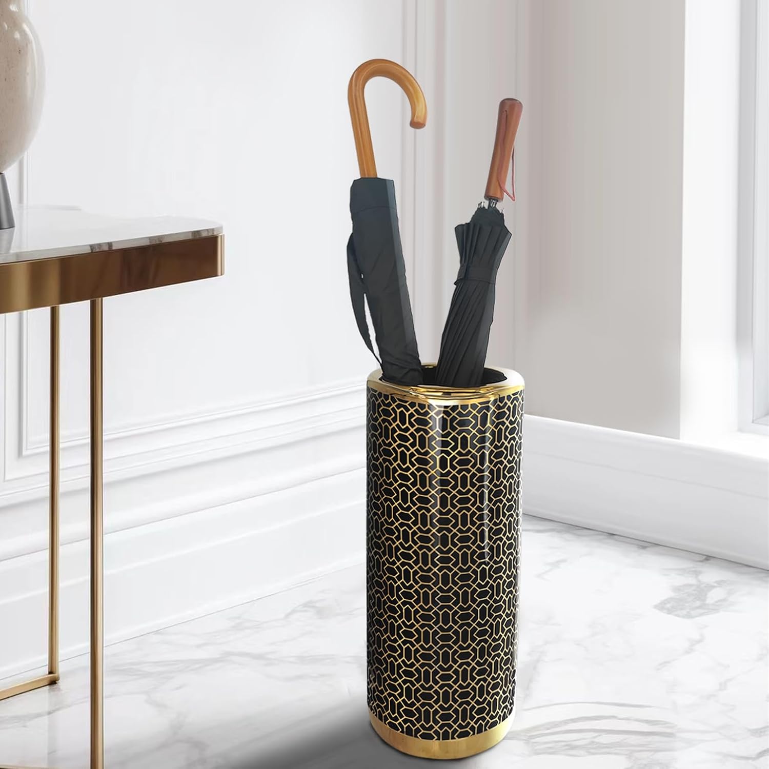 ZOEJADE Minimalist Luxury Ceramic Umbrella Stand Umbrella Holder Vase for Umbrella Canes Walking Sticks Entryway Indoor 18" High Black Gold