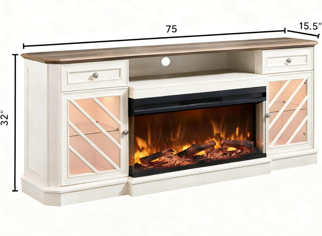 T4TREAM Farmhouse 3-Sided 75'' Electric Fireplace TV Stand, 32'' Tall Modern Highboy Entertainment Center with 36" Fireplace, Media Console Table with LED Lights for Living Room, Antique White
