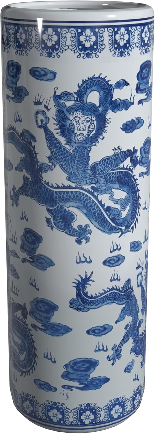 Oriental Furniture 20" Landscape Blue & White Porcelain Umbrella Stand