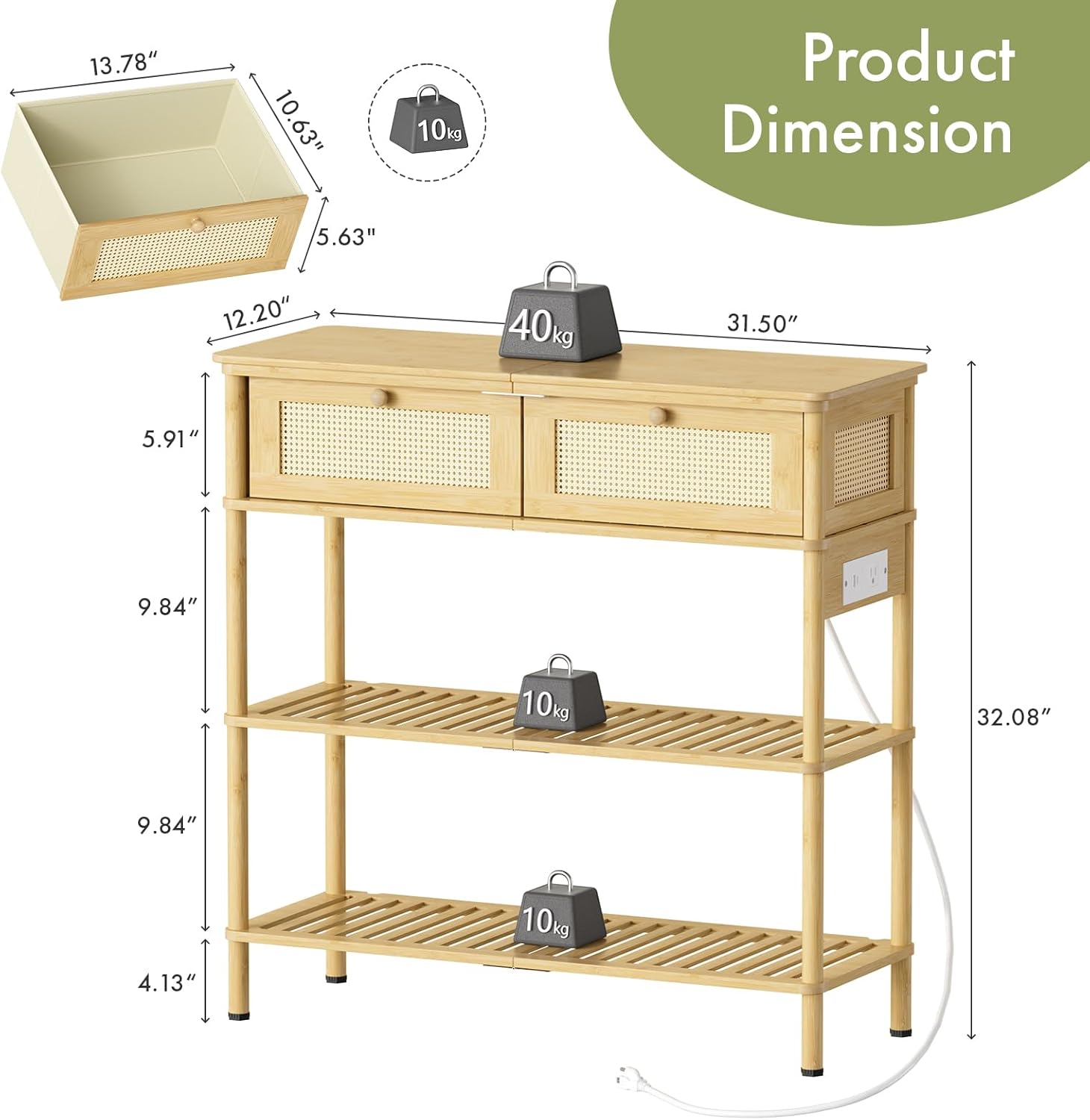 Entryway Table Sofa Console Table, Bamboo Small Entry Way Table with Drawers Storage and Power Outlets for Living Room, Hallway, Foyer, Entrance
