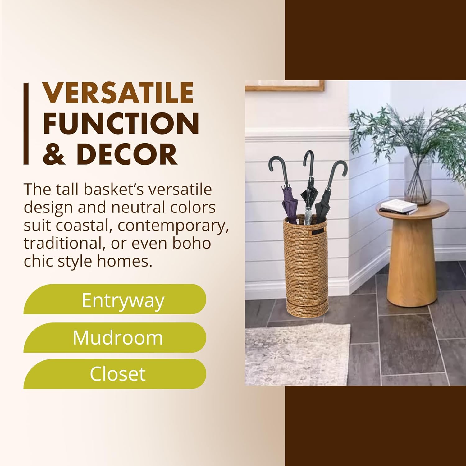 KOUBOO La Jolla Rattan Umbrella Stand, Handmade, Honey Brown, Umbrella Holder, Sturdy, Walking Sticks, Canes, Entryway, Mudroom, Office, Dip Tray, Home Decor