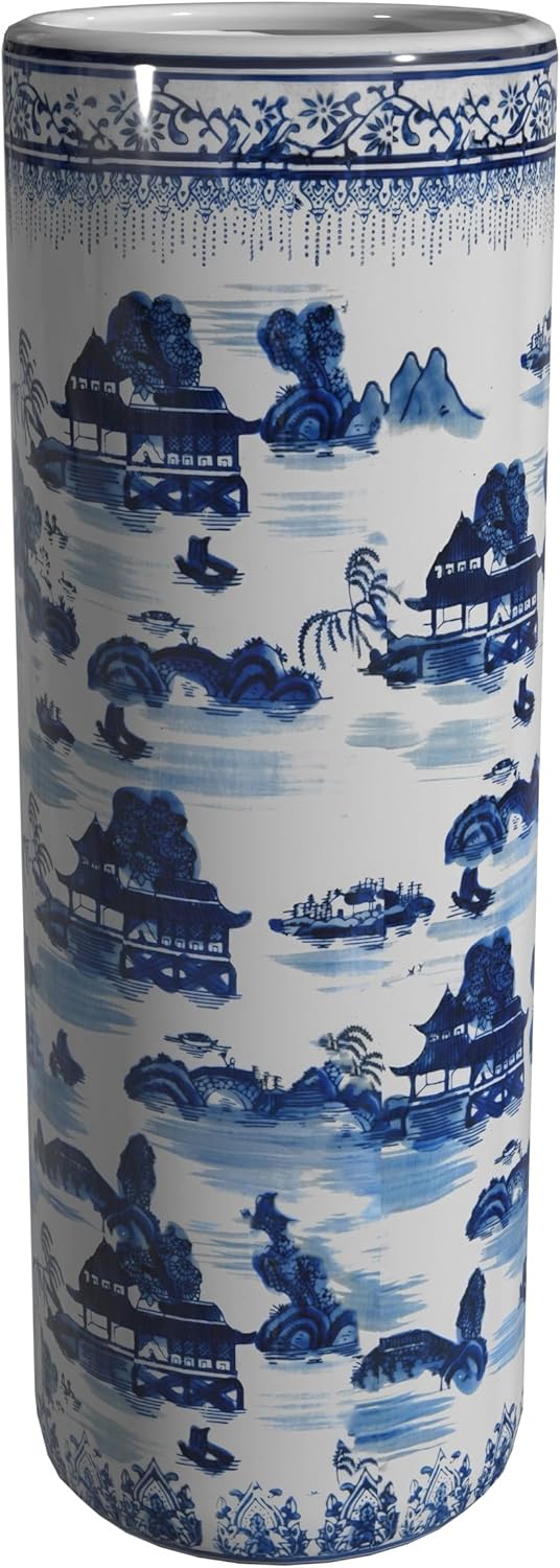 Oriental Furniture 20" Landscape Blue & White Porcelain Umbrella Stand
