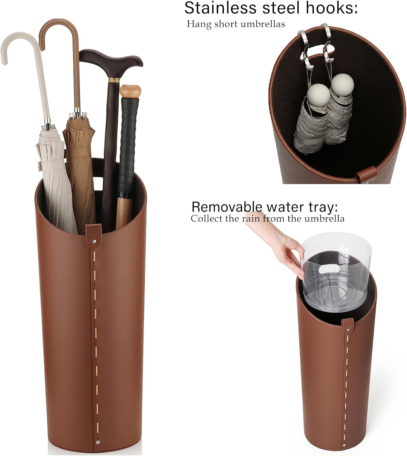 Brown Leather Umbrella Holder Indoor Umbrella Stand Rack for Entryway Tall Bucket That won't Fall Down Storage 10 Different Sizes of Canes Walking Sticks Toy Swords etc