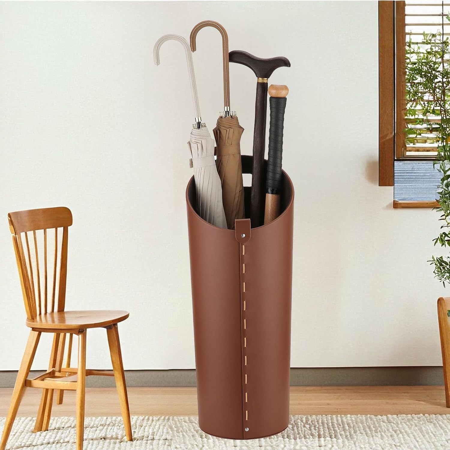 Brown Leather Umbrella Holder Indoor Umbrella Stand Rack for Entryway Tall Bucket That won't Fall Down Storage 10 Different Sizes of Canes Walking Sticks Toy Swords etc