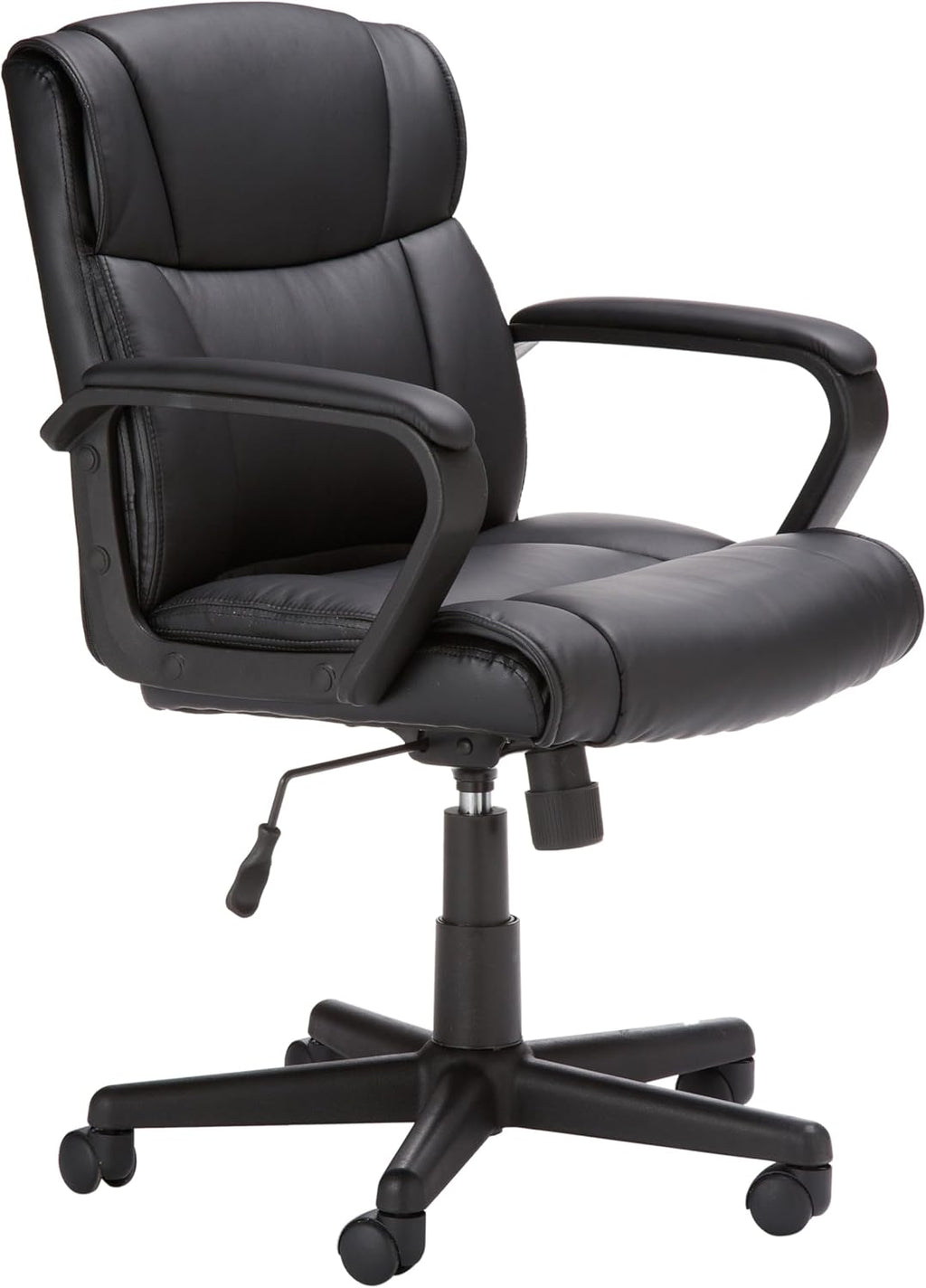Amazon Basics Office Computer Task Desk Chair with Padded Armrests, Mid-Back, Adjustable, 360 Swivel, Rolling, 275 Pound Capacity, 24.2"D x 24"W x 34.8"H, Black Faux Leather