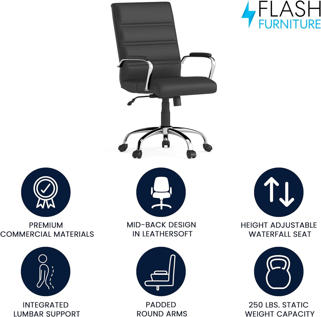 Flash Furniture Whitney Mid-Back Swivel LeatherSoft Desk Chair with Padded Seat and Armrests, Adjustable Height Padded Office Chair, Black