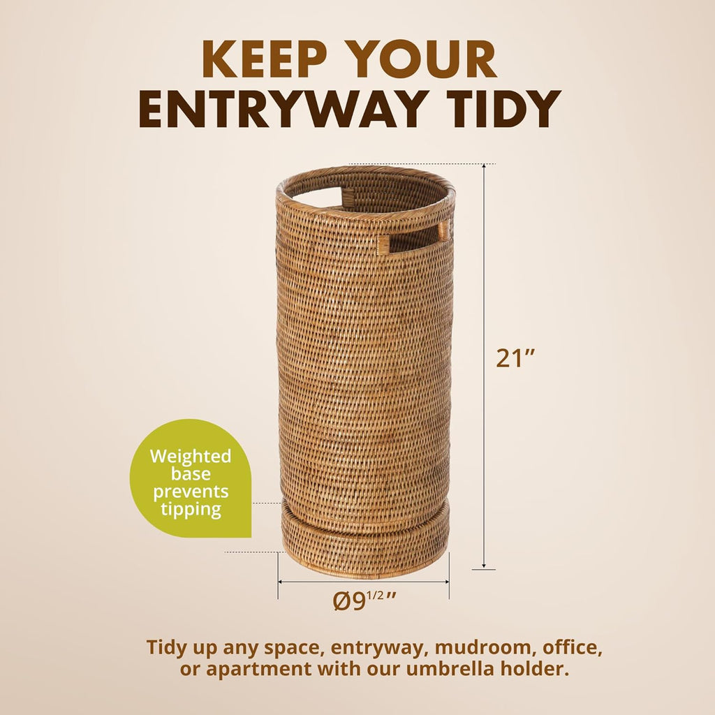 KOUBOO La Jolla Rattan Umbrella Stand, Handmade, Honey Brown, Umbrella Holder, Sturdy, Walking Sticks, Canes, Entryway, Mudroom, Office, Dip Tray, Home Decor