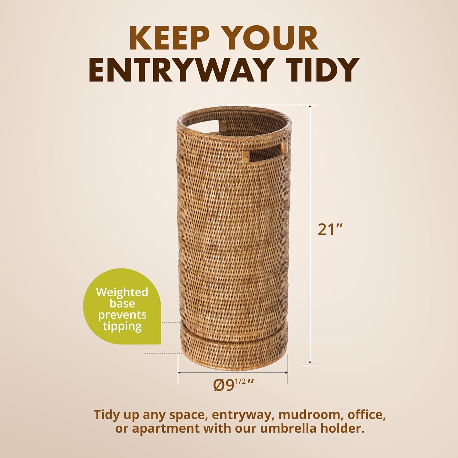 KOUBOO La Jolla Rattan Umbrella Stand, Handmade, Honey Brown, Umbrella Holder, Sturdy, Walking Sticks, Canes, Entryway, Mudroom, Office, Dip Tray, Home Decor