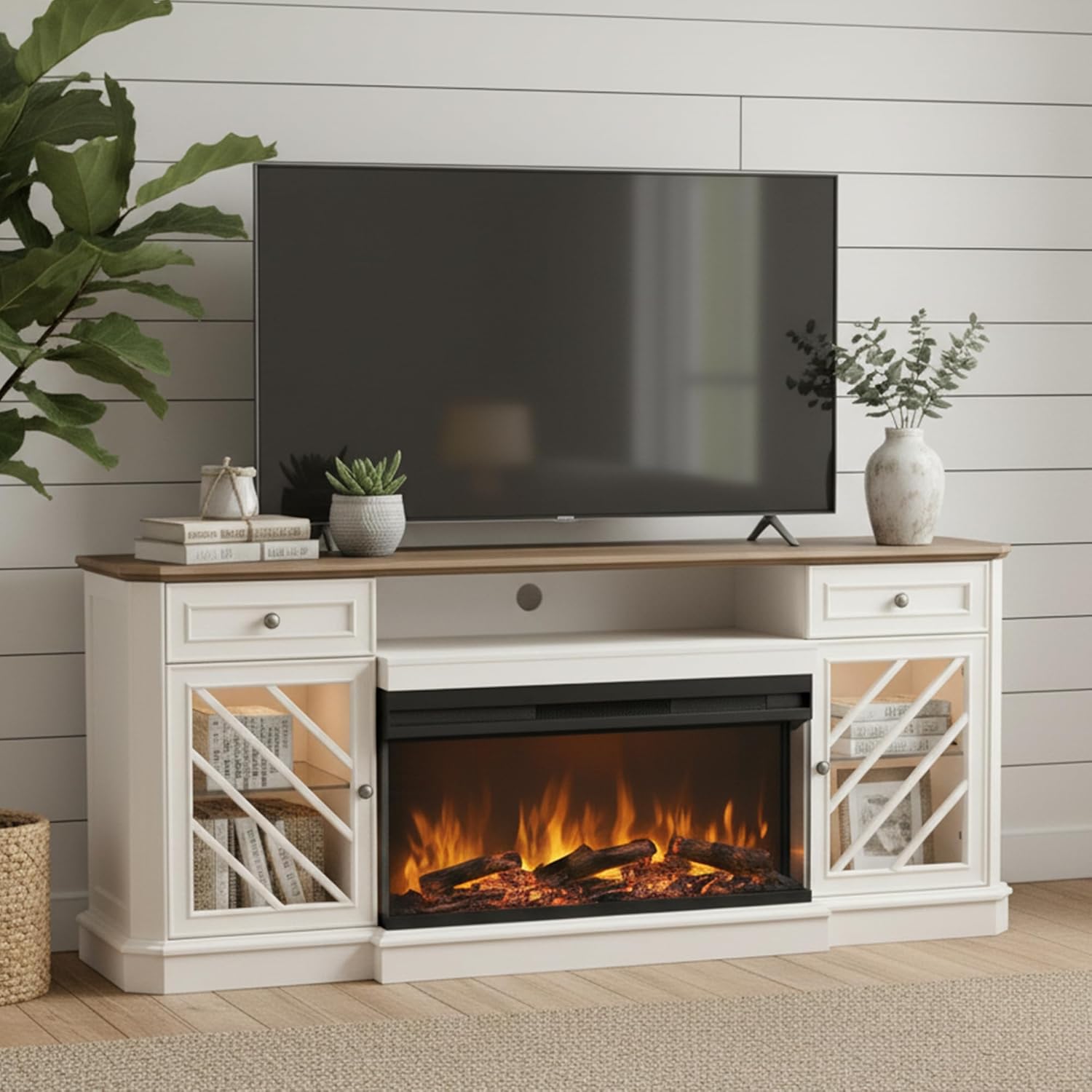 T4TREAM Farmhouse 3-Sided 75'' Electric Fireplace TV Stand, 32'' Tall Modern Highboy Entertainment Center with 36" Fireplace, Media Console Table with LED Lights for Living Room, Antique White