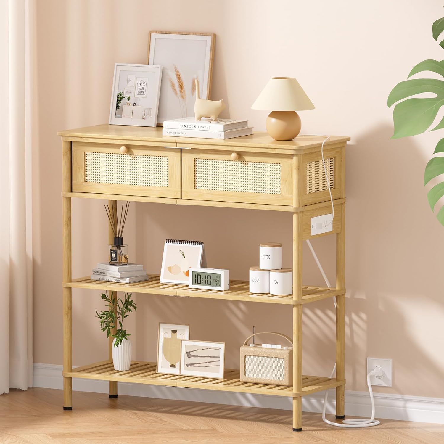 Entryway Table Sofa Console Table, Bamboo Small Entry Way Table with Drawers Storage and Power Outlets for Living Room, Hallway, Foyer, Entrance