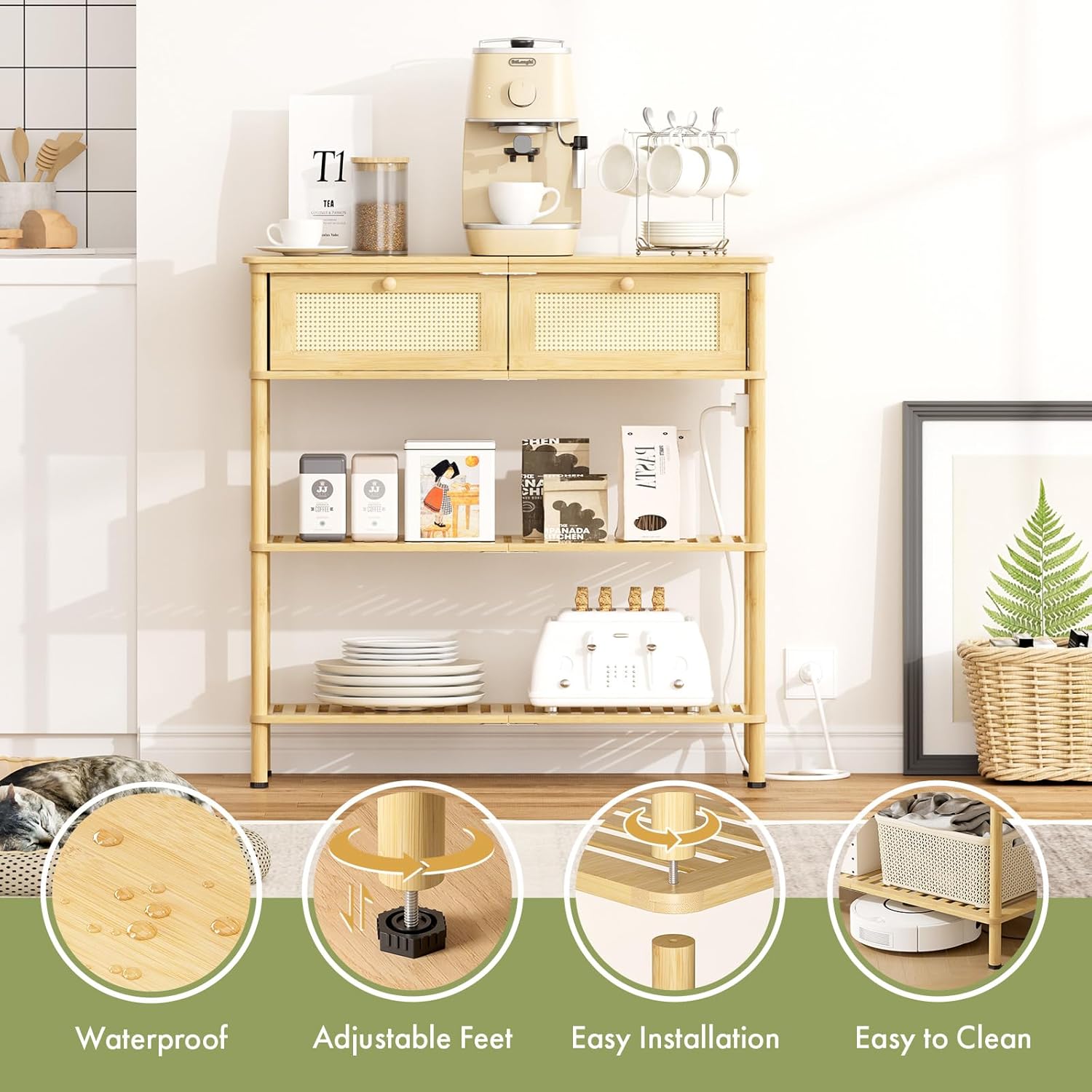 Entryway Table Sofa Console Table, Bamboo Small Entry Way Table with Drawers Storage and Power Outlets for Living Room, Hallway, Foyer, Entrance