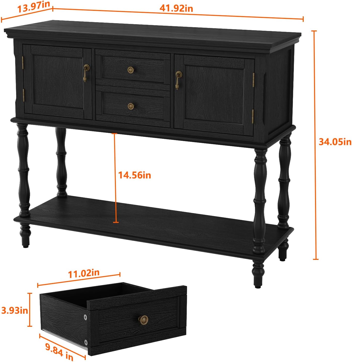 ARTPOWER Console Table with 2 Drawers, Retro Entryway Table with 2 Door Cabinets and Open Storage Shelf, Narrow Long Behind Couch Sofa Table for Living Room, Foyer, Hallway, Black