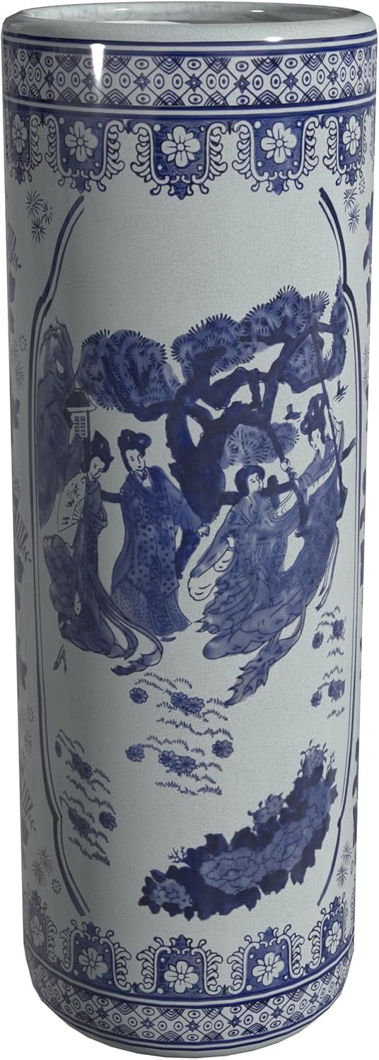 Oriental Furniture 20" Landscape Blue & White Porcelain Umbrella Stand