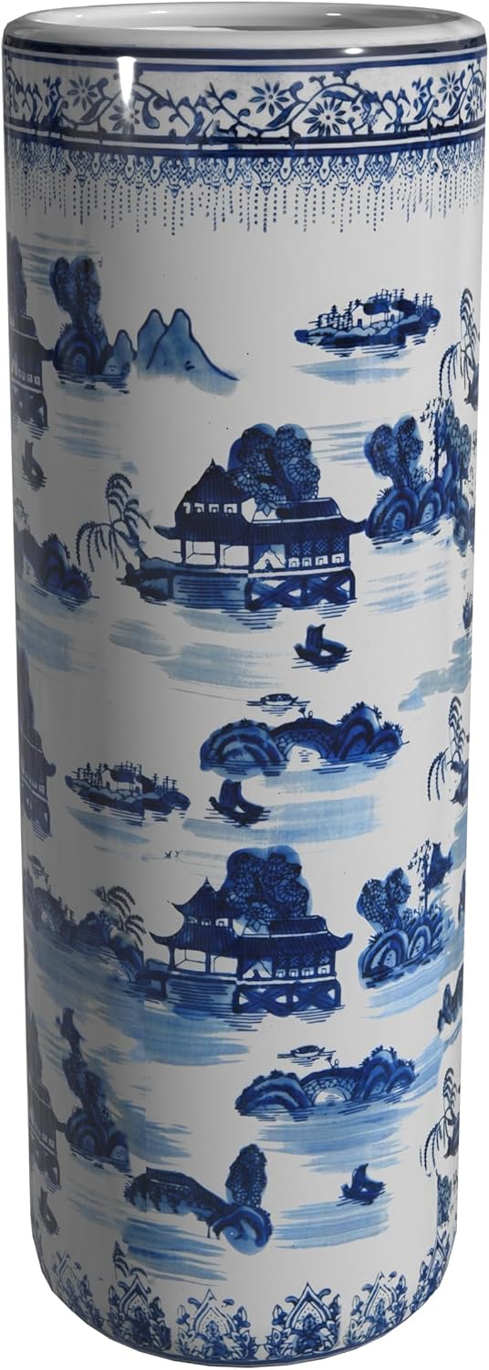 Oriental Furniture 20" Landscape Blue & White Porcelain Umbrella Stand