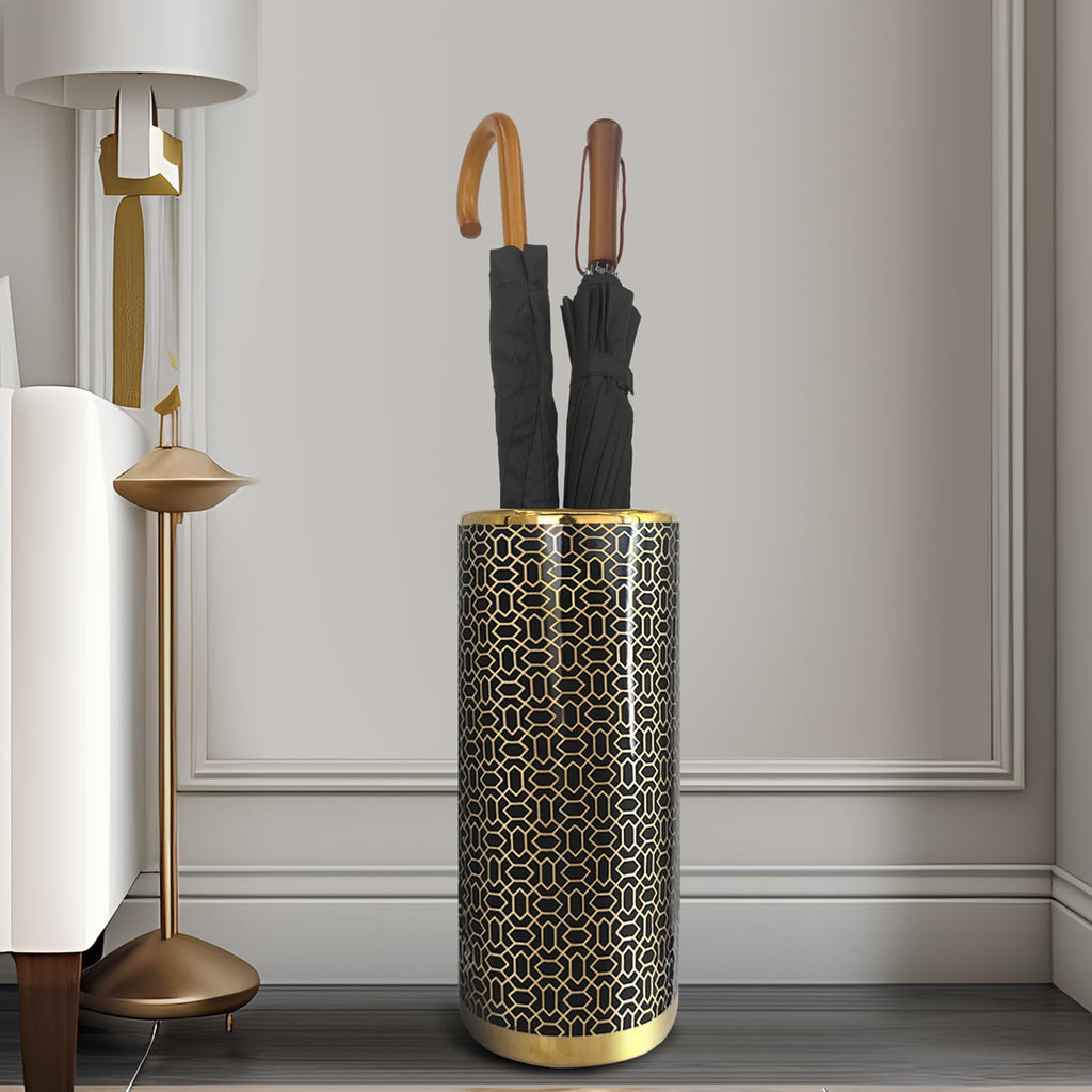 ZOEJADE Minimalist Luxury Ceramic Umbrella Stand Umbrella Holder Vase for Umbrella Canes Walking Sticks Entryway Indoor 18" High Black Gold