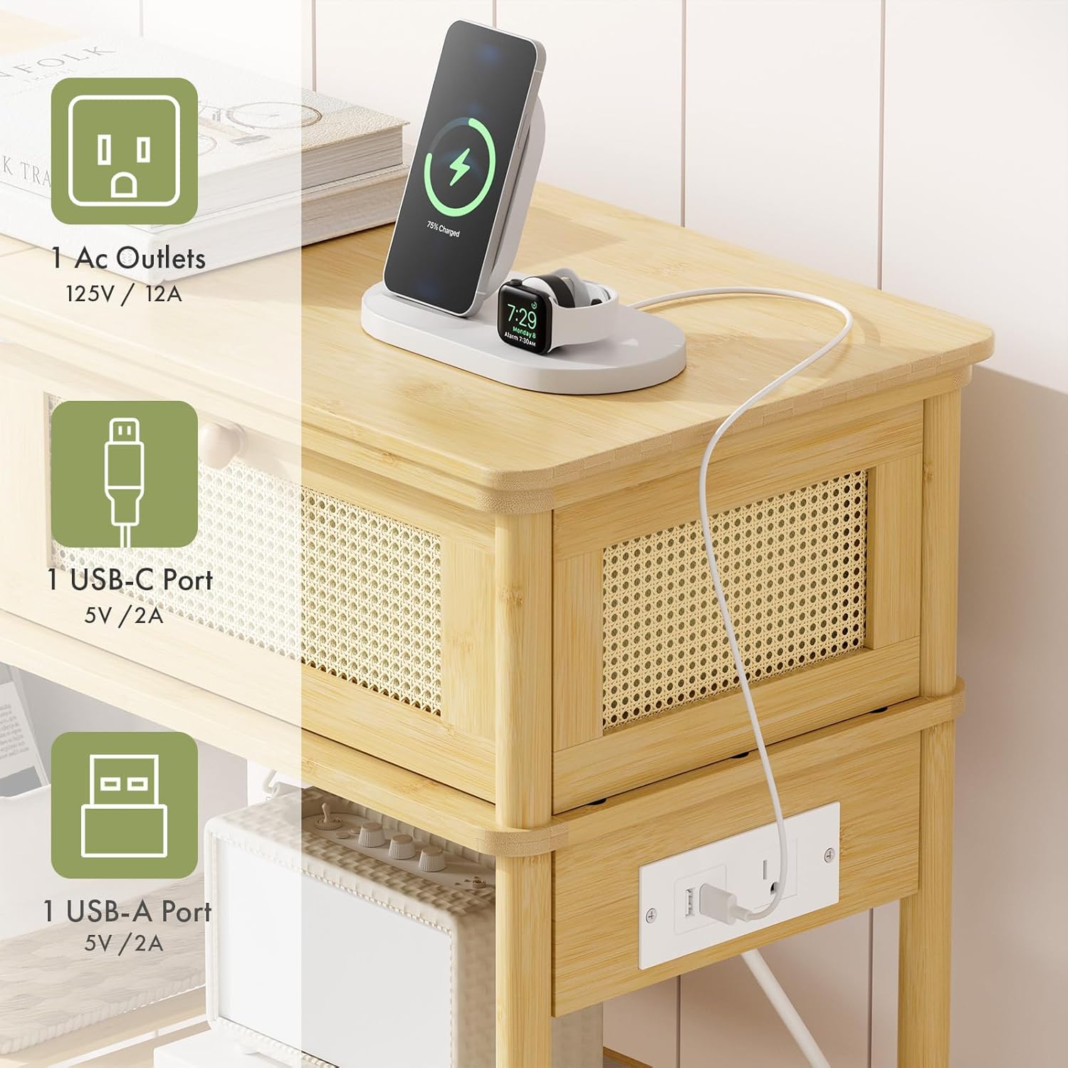 Entryway Table Sofa Console Table, Bamboo Small Entry Way Table with Drawers Storage and Power Outlets for Living Room, Hallway, Foyer, Entrance