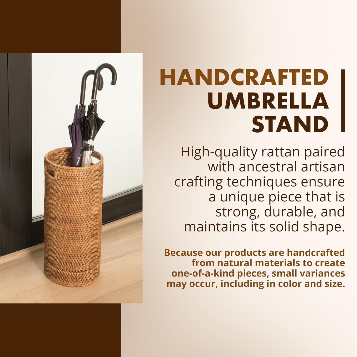 KOUBOO La Jolla Rattan Umbrella Stand, Handmade, Honey Brown, Umbrella Holder, Sturdy, Walking Sticks, Canes, Entryway, Mudroom, Office, Dip Tray, Home Decor