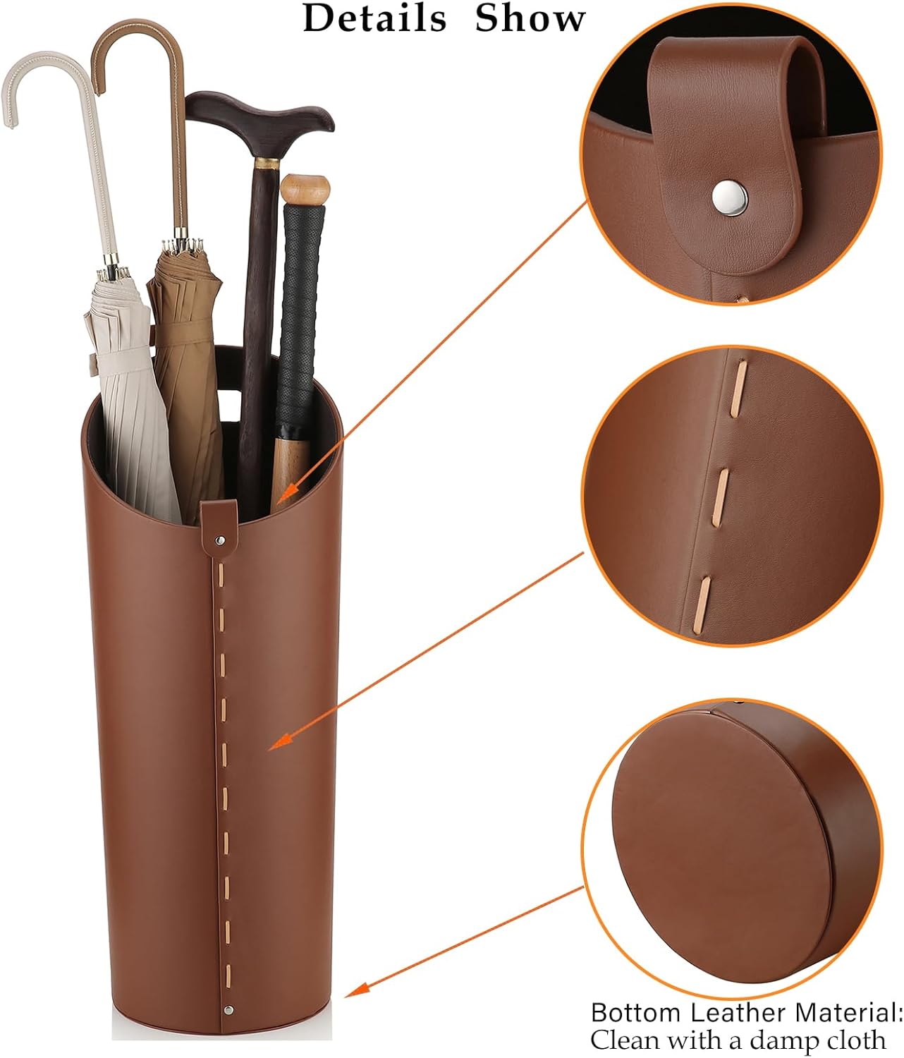 Brown Leather Umbrella Holder Indoor Umbrella Stand Rack for Entryway Tall Bucket That won't Fall Down Storage 10 Different Sizes of Canes Walking Sticks Toy Swords etc