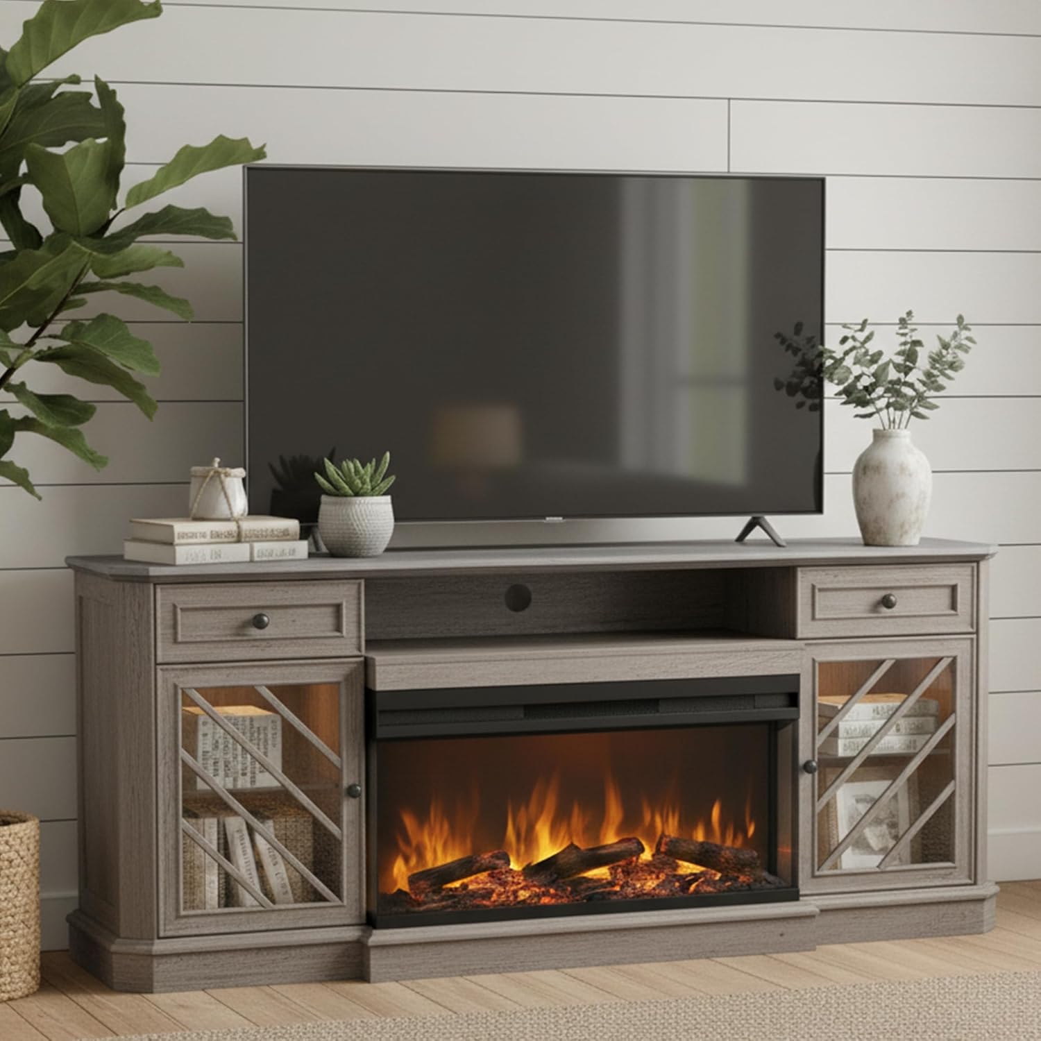 T4TREAM Farmhouse 3-Sided 75'' Electric Fireplace TV Stand, 32'' Tall Modern Highboy Entertainment Center with 36" Fireplace, Media Console Table with LED Lights for Living Room, Antique White