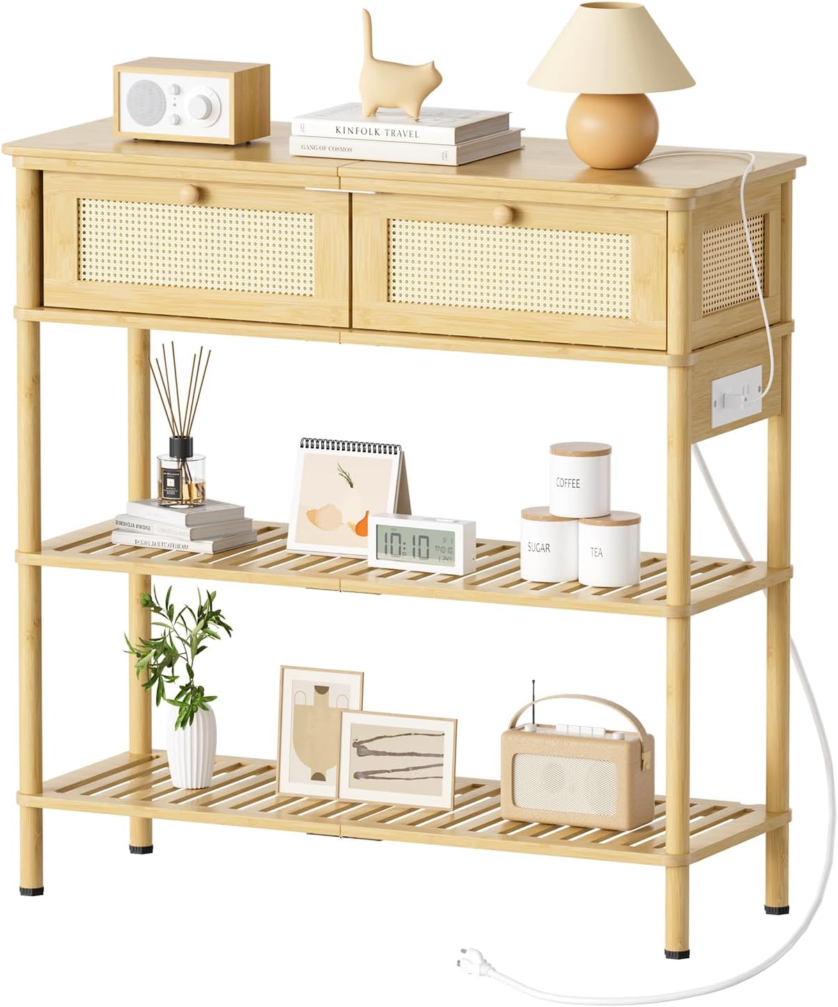 Entryway Table Sofa Console Table, Bamboo Small Entry Way Table with Drawers Storage and Power Outlets for Living Room, Hallway, Foyer, Entrance