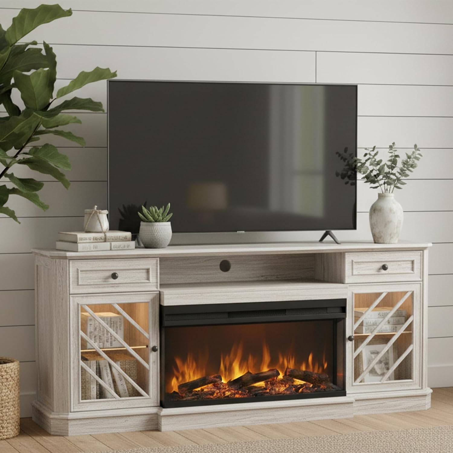 T4TREAM Farmhouse 3-Sided 75'' Electric Fireplace TV Stand, 32'' Tall Modern Highboy Entertainment Center with 36" Fireplace, Media Console Table with LED Lights for Living Room, Antique White
