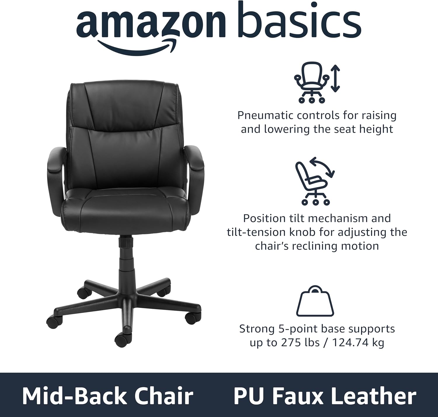 Amazon Basics Office Computer Task Desk Chair with Padded Armrests, Mid-Back, Adjustable, 360 Swivel, Rolling, 275 Pound Capacity, 24.2"D x 24"W x 34.8"H, Black Faux Leather