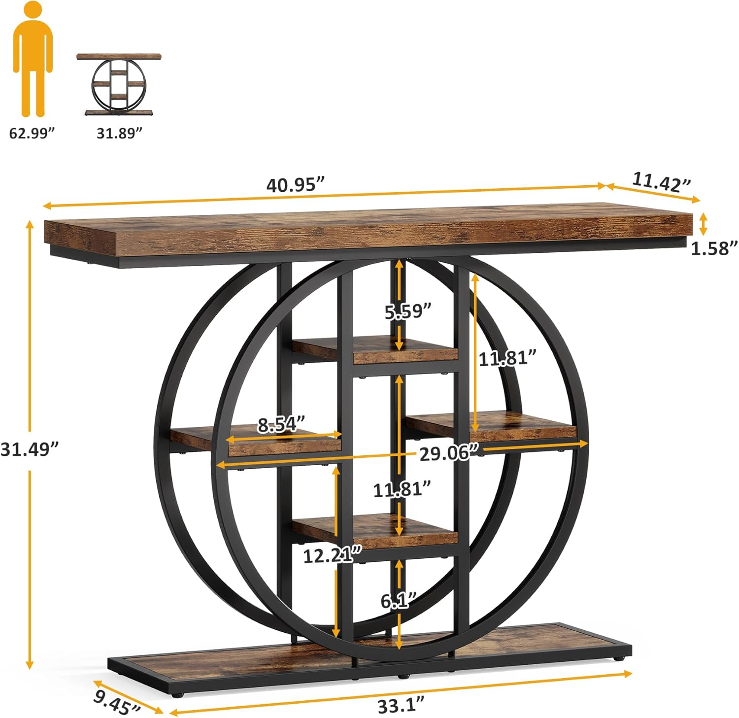 41" Console Table for Entryway, 4-Tier Industrial Narrow Wood Sofa Accent Tables with Circle Storage Shelves for Living Room, Hallway, Foyer (Rustic Brown)