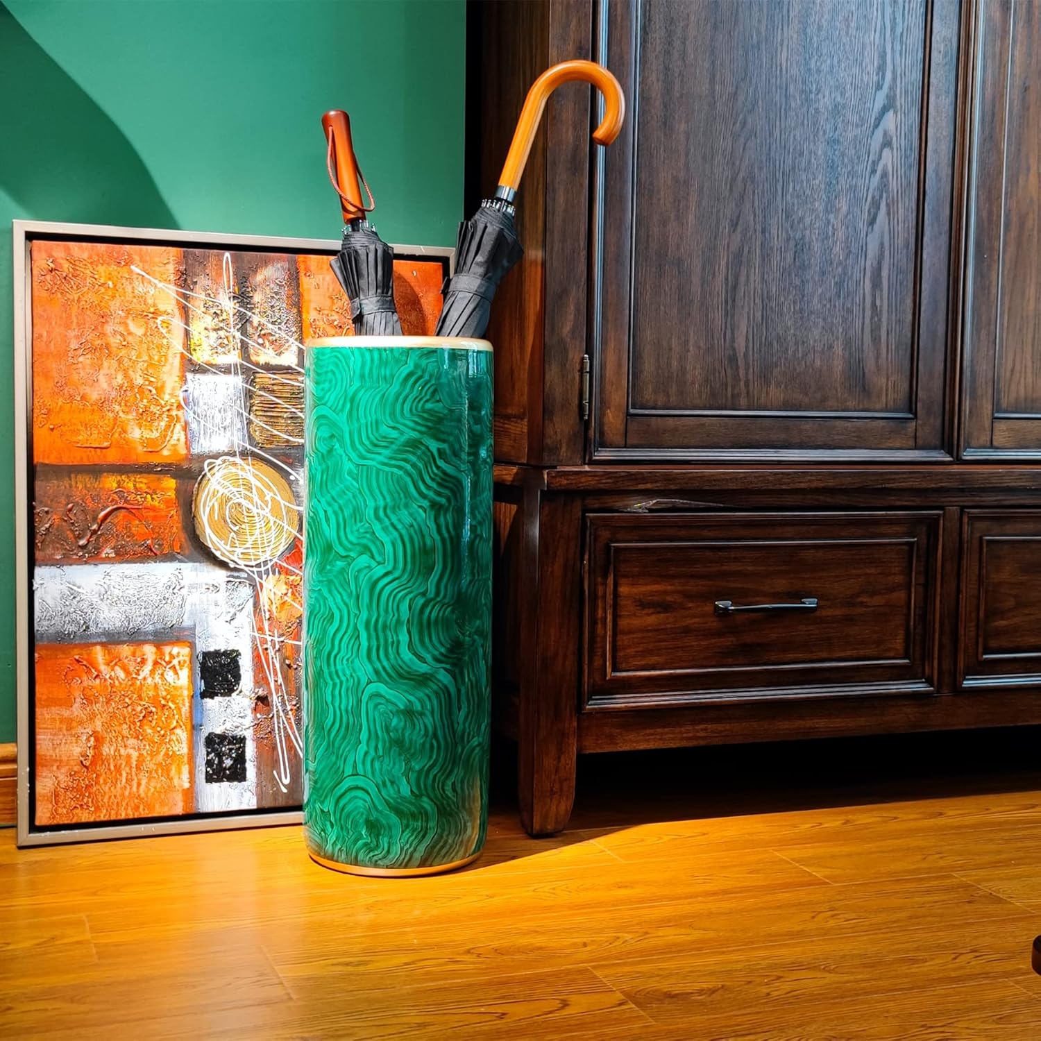 Umbrella Stand Umbrella Bucket Umbrella Rack Barrel Floor Vase Modern Style for Storing Canes Walking Sticks for Entryway Porch Indoor Malachite Green 24‘’High