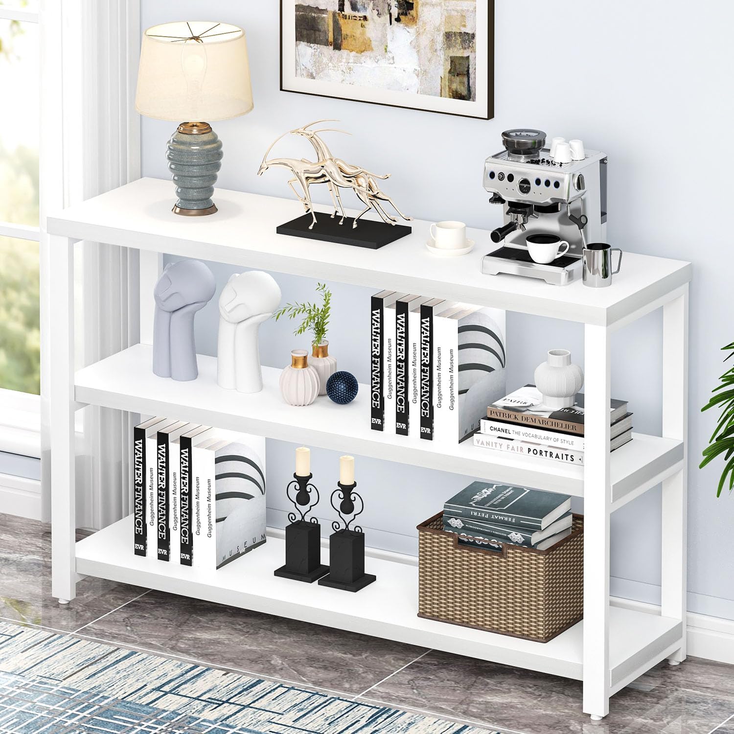 EXCEFUR Industrial Sofa Console Table, Entryway Table with 3 Tier Wood Storage Shelves, Foyer Table for Living Room Hallway Behind Couch, Rustic Brown