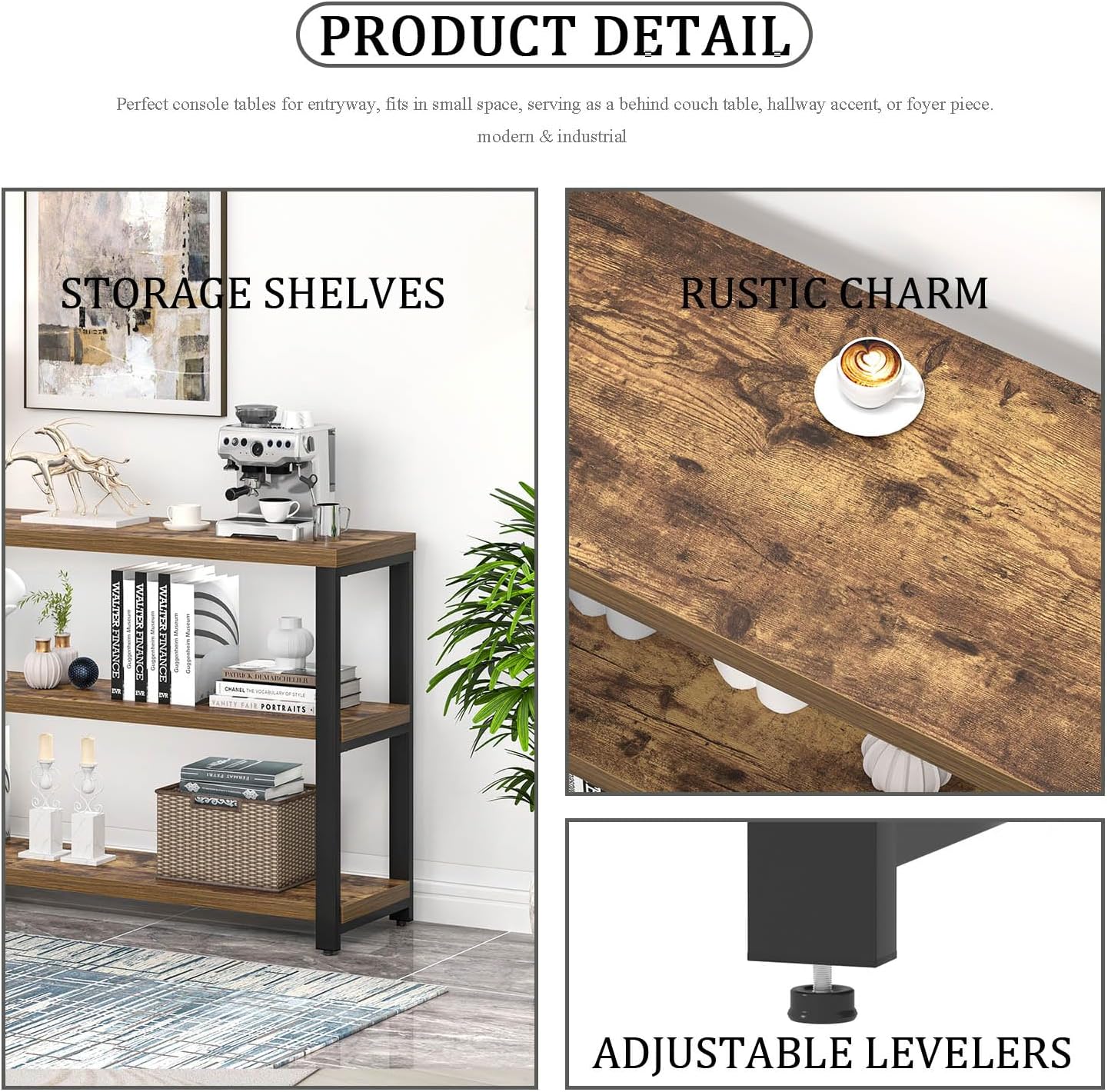 EXCEFUR Industrial Sofa Console Table, Entryway Table with 3 Tier Wood Storage Shelves, Foyer Table for Living Room Hallway Behind Couch, Rustic Brown