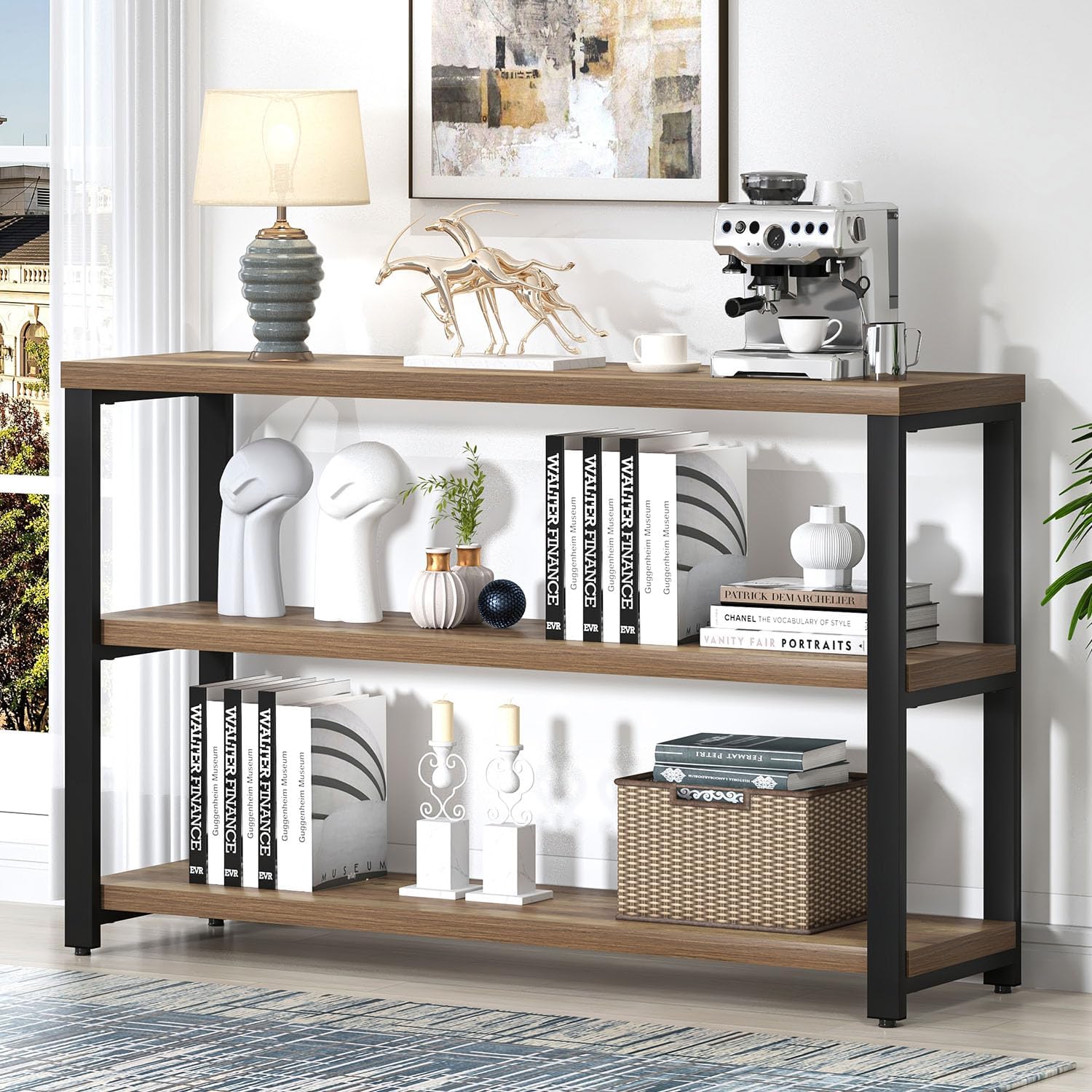 EXCEFUR Industrial Sofa Console Table, Entryway Table with 3 Tier Wood Storage Shelves, Foyer Table for Living Room Hallway Behind Couch, Rustic Brown