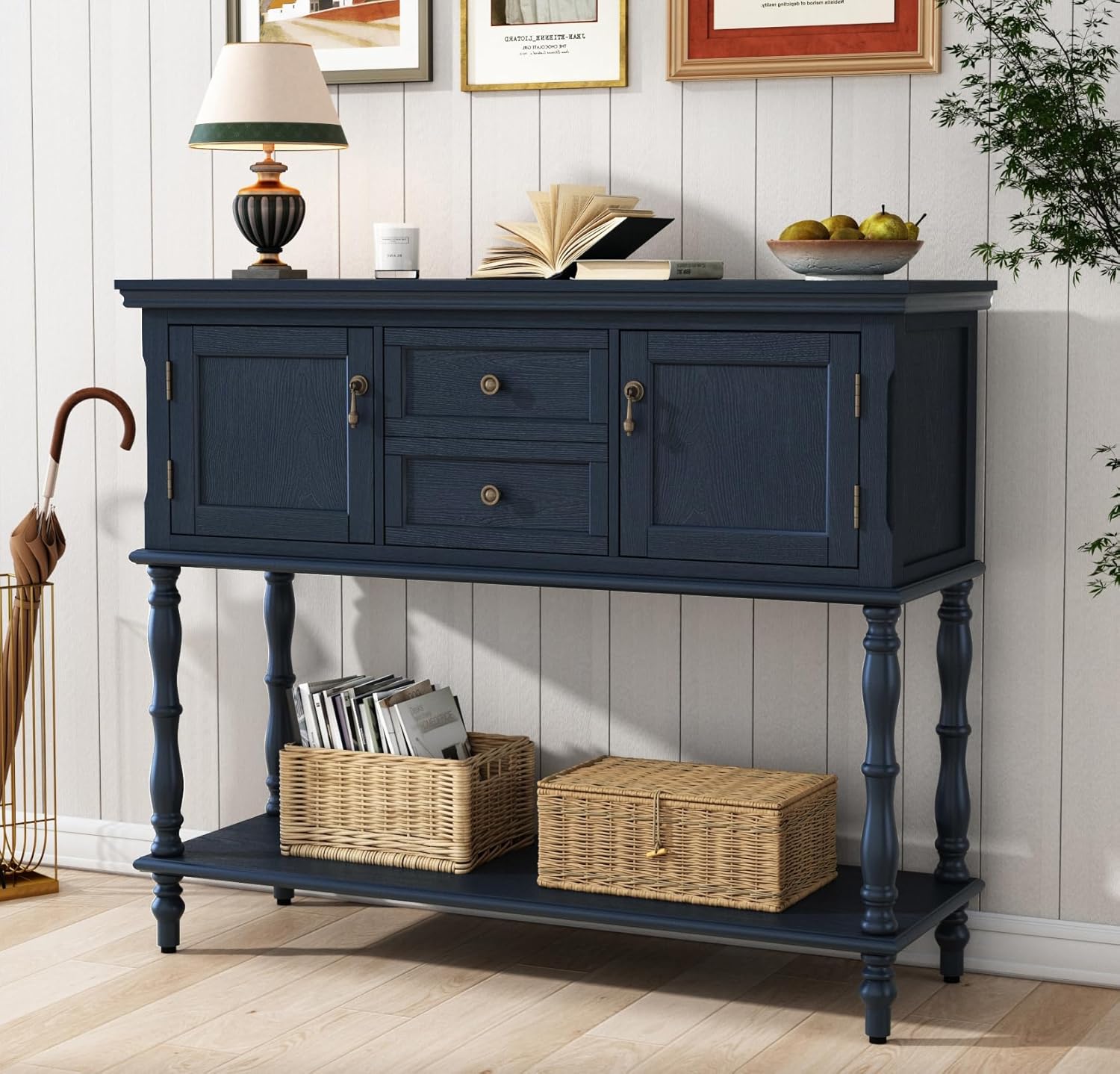 ARTPOWER Console Table with 2 Drawers, Retro Entryway Table with 2 Door Cabinets and Open Storage Shelf, Narrow Long Behind Couch Sofa Table for Living Room, Foyer, Hallway, Black