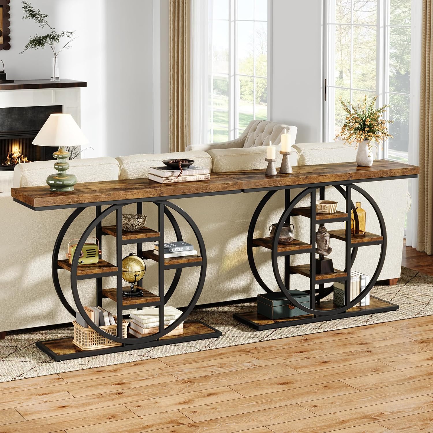 41" Console Table for Entryway, 4-Tier Industrial Narrow Wood Sofa Accent Tables with Circle Storage Shelves for Living Room, Hallway, Foyer (Rustic Brown)