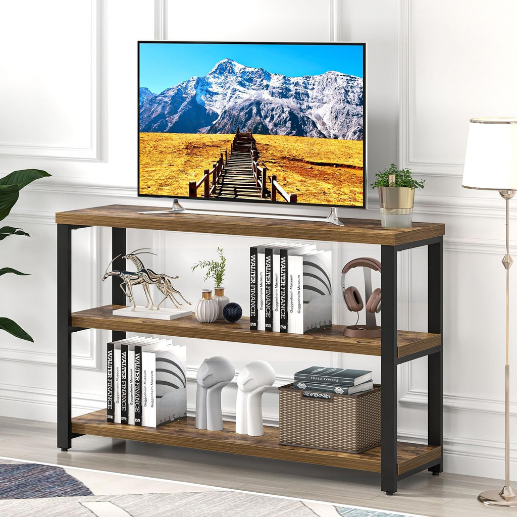 EXCEFUR Industrial Sofa Console Table, Entryway Table with 3 Tier Wood Storage Shelves, Foyer Table for Living Room Hallway Behind Couch, Rustic Brown