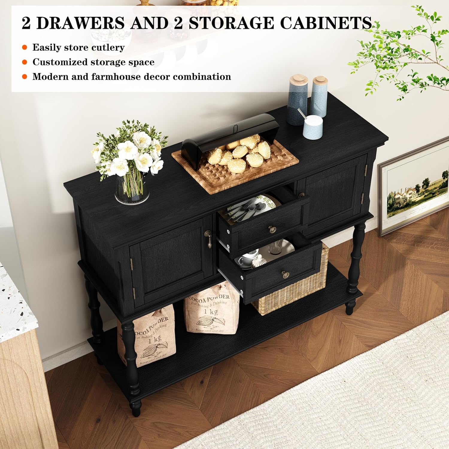 ARTPOWER Console Table with 2 Drawers, Retro Entryway Table with 2 Door Cabinets and Open Storage Shelf, Narrow Long Behind Couch Sofa Table for Living Room, Foyer, Hallway, Black