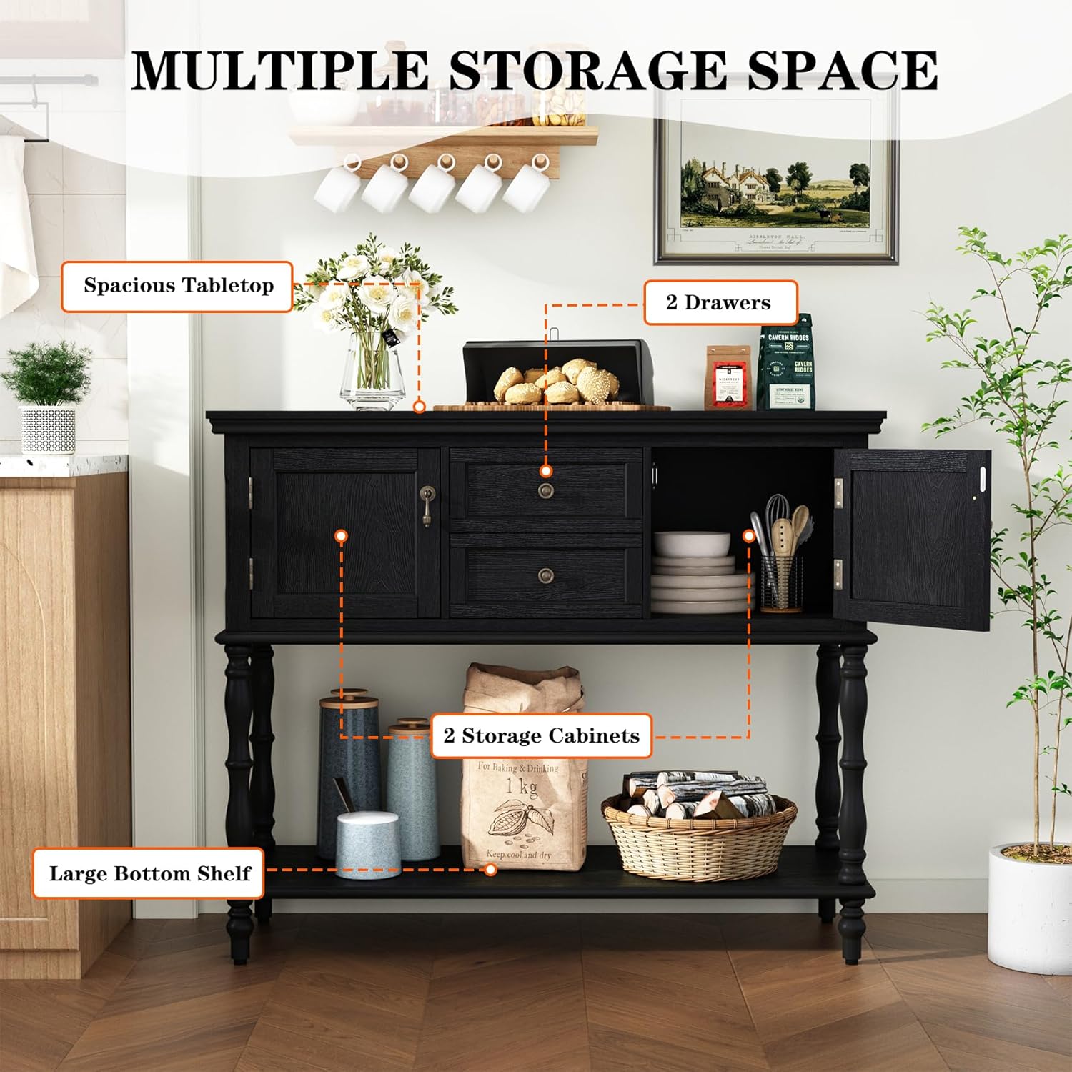 ARTPOWER Console Table with 2 Drawers, Retro Entryway Table with 2 Door Cabinets and Open Storage Shelf, Narrow Long Behind Couch Sofa Table for Living Room, Foyer, Hallway, Black