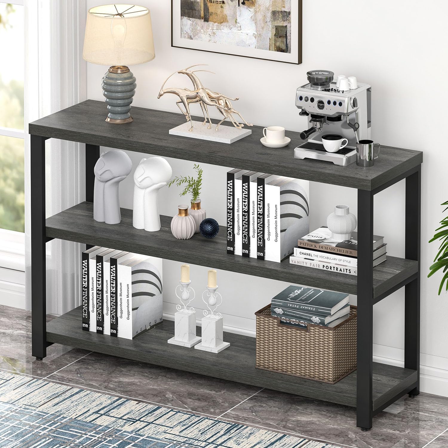 EXCEFUR Industrial Sofa Console Table, Entryway Table with 3 Tier Wood Storage Shelves, Foyer Table for Living Room Hallway Behind Couch, Rustic Brown