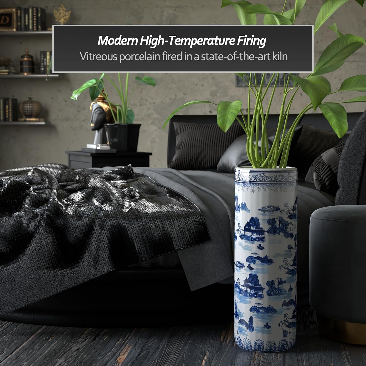 Oriental Furniture 20" Landscape Blue & White Porcelain Umbrella Stand