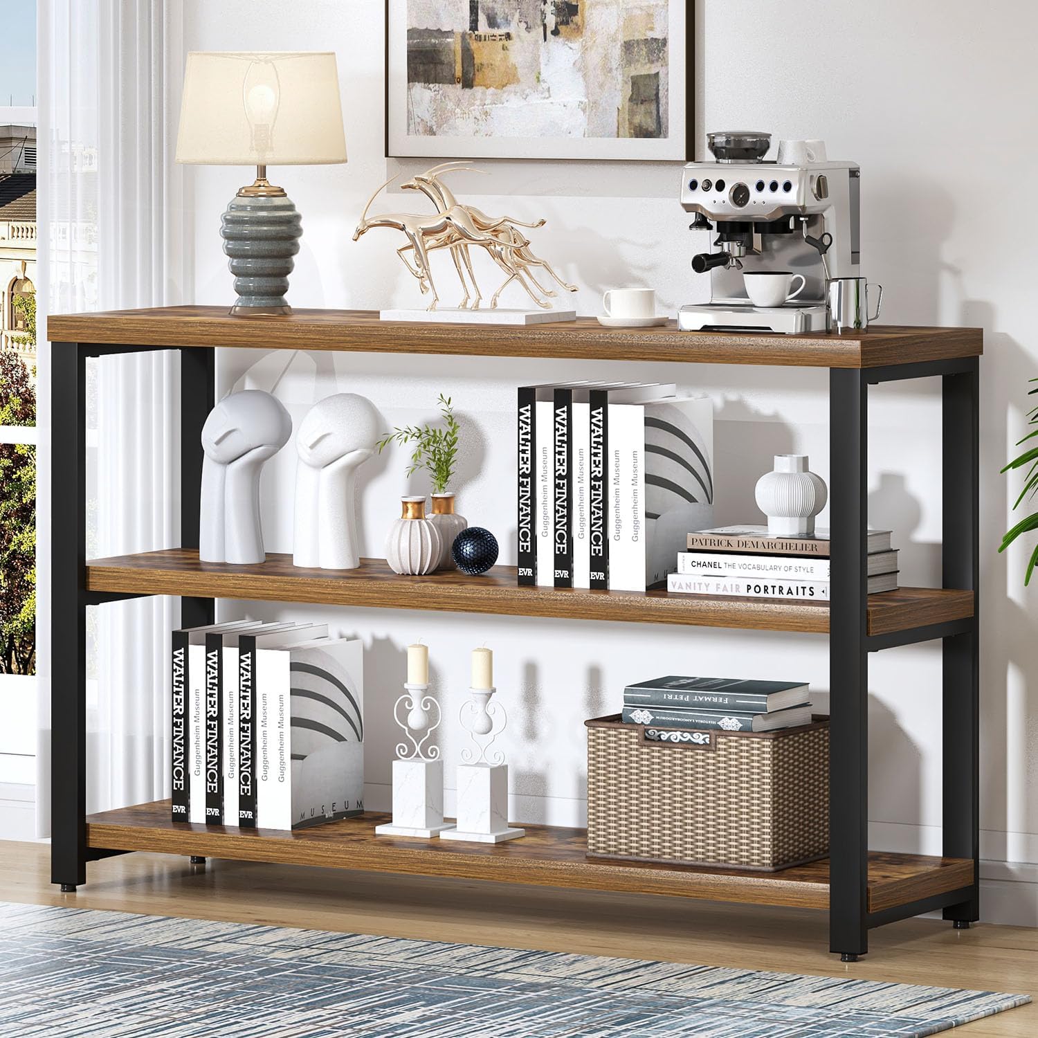 EXCEFUR Industrial Sofa Console Table, Entryway Table with 3 Tier Wood Storage Shelves, Foyer Table for Living Room Hallway Behind Couch, Rustic Brown