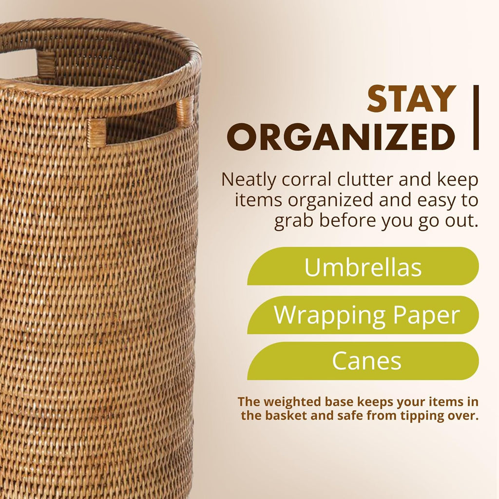 KOUBOO La Jolla Rattan Umbrella Stand, Handmade, Honey Brown, Umbrella Holder, Sturdy, Walking Sticks, Canes, Entryway, Mudroom, Office, Dip Tray, Home Decor