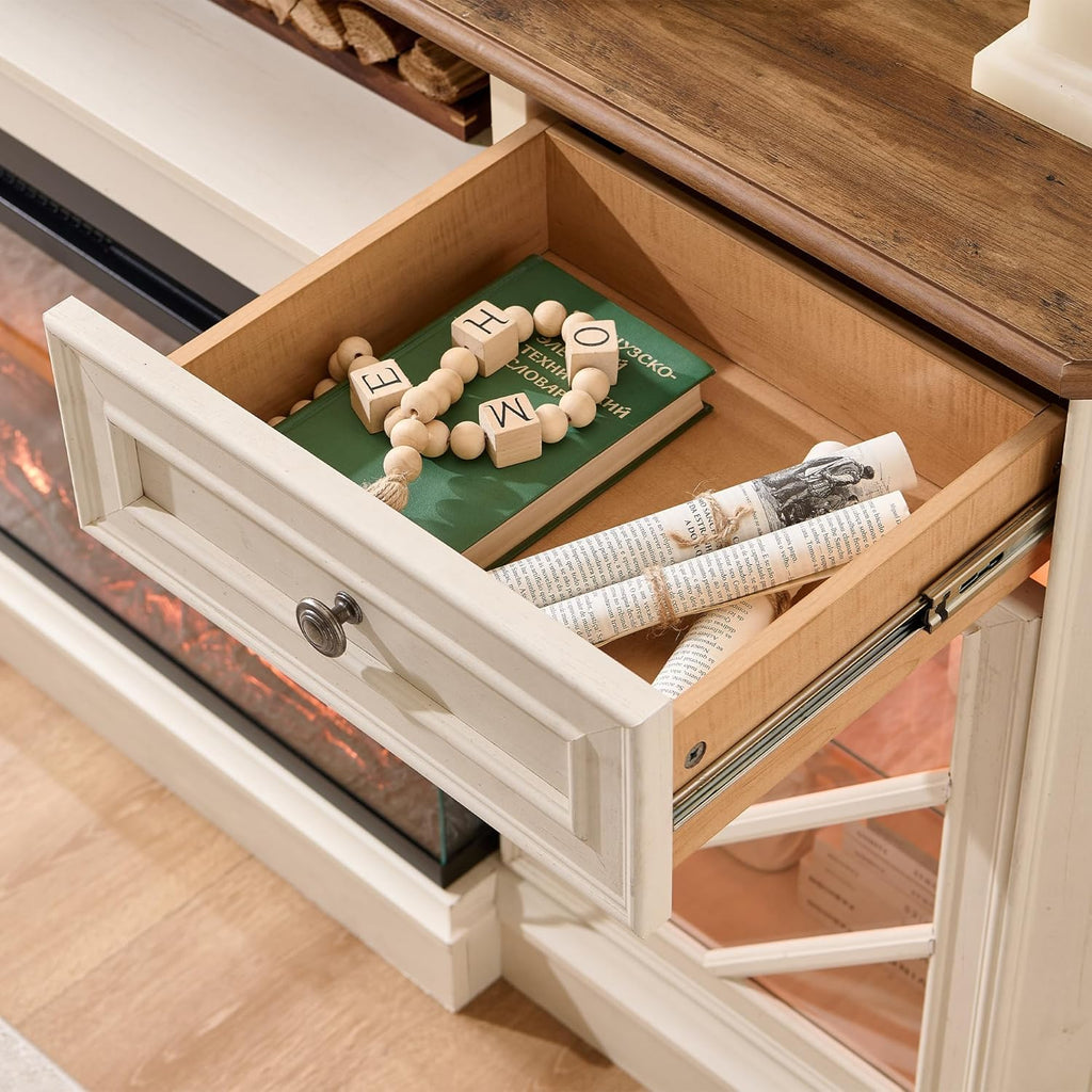 T4TREAM Farmhouse 3-Sided 75'' Electric Fireplace TV Stand, 32'' Tall Modern Highboy Entertainment Center with 36" Fireplace, Media Console Table with LED Lights for Living Room, Antique White