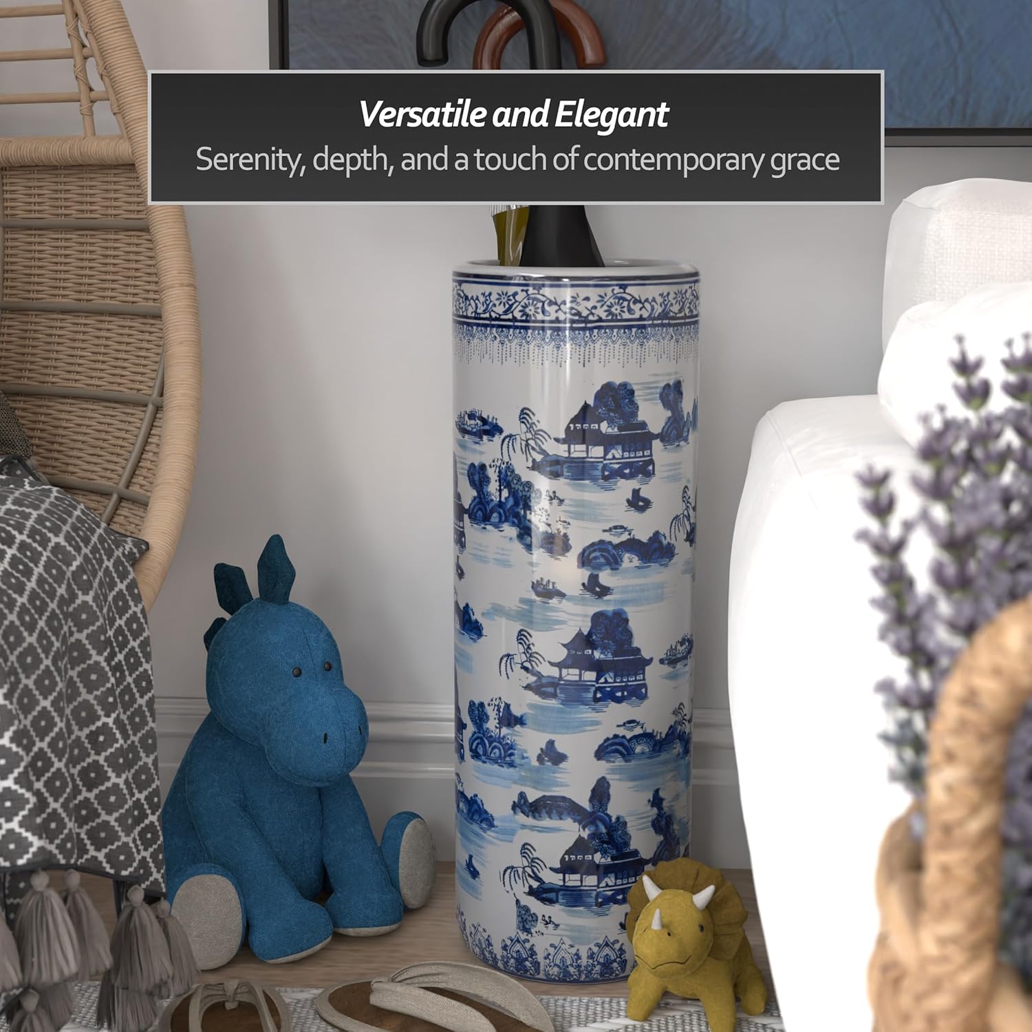 Oriental Furniture 20" Landscape Blue & White Porcelain Umbrella Stand