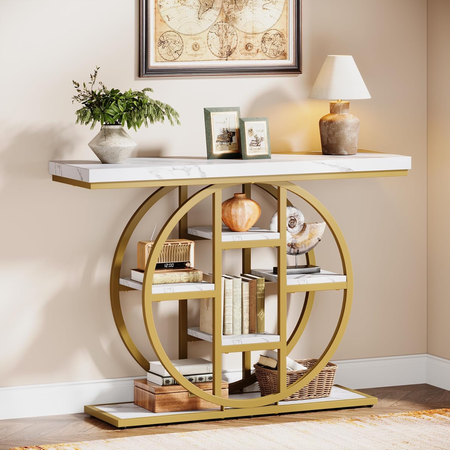 41" Console Table for Entryway, 4-Tier Industrial Narrow Wood Sofa Accent Tables with Circle Storage Shelves for Living Room, Hallway, Foyer (Rustic Brown)