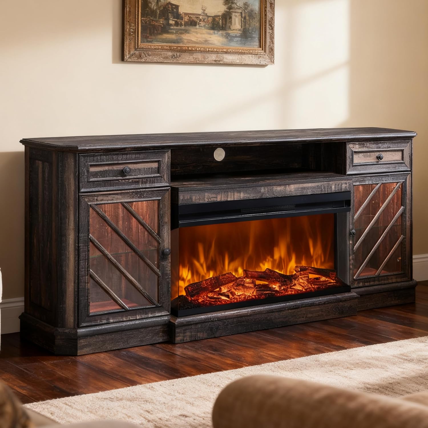 T4TREAM Farmhouse 3-Sided 75'' Electric Fireplace TV Stand, 32'' Tall Modern Highboy Entertainment Center with 36" Fireplace, Media Console Table with LED Lights for Living Room, Antique White