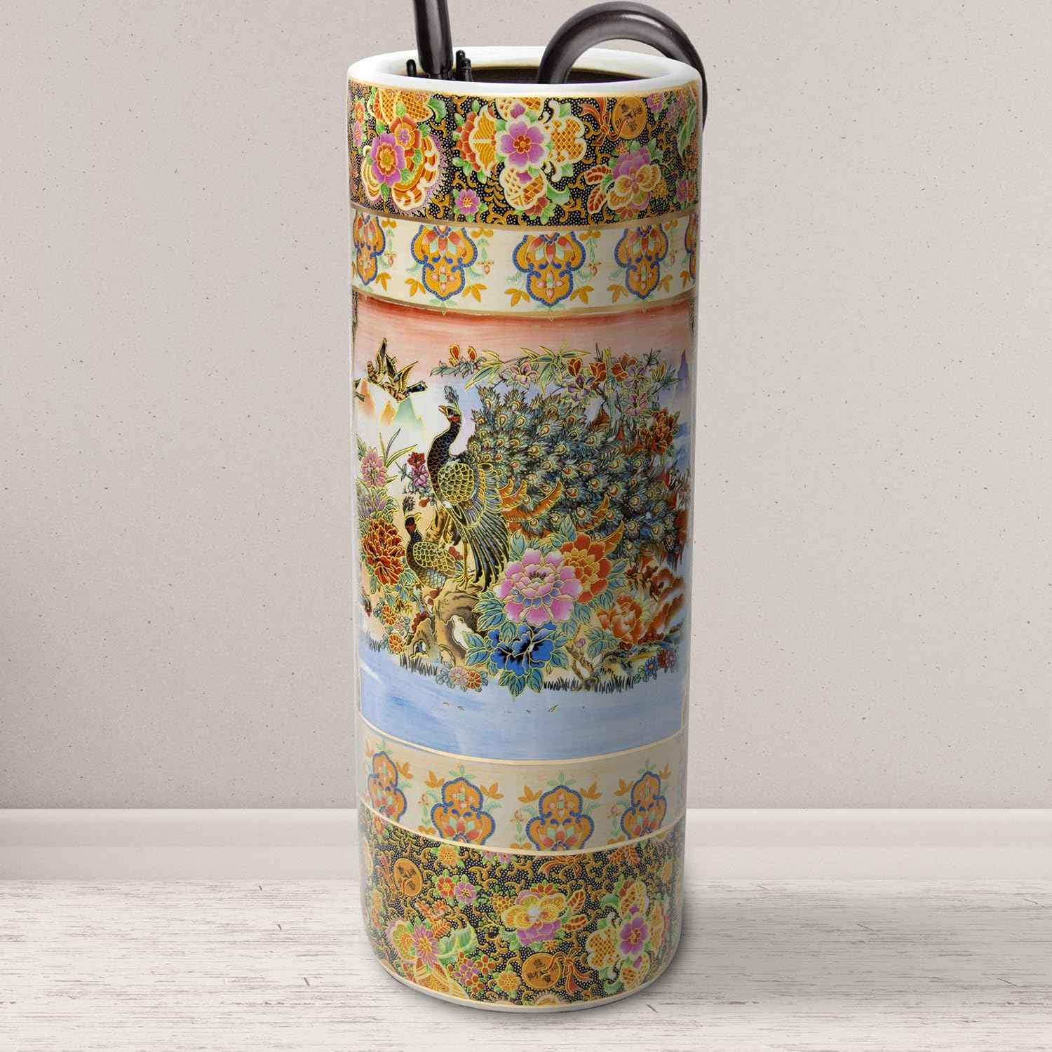 Red Lantern 24" Satsuma Peacock Porcelain Umbrella Stand